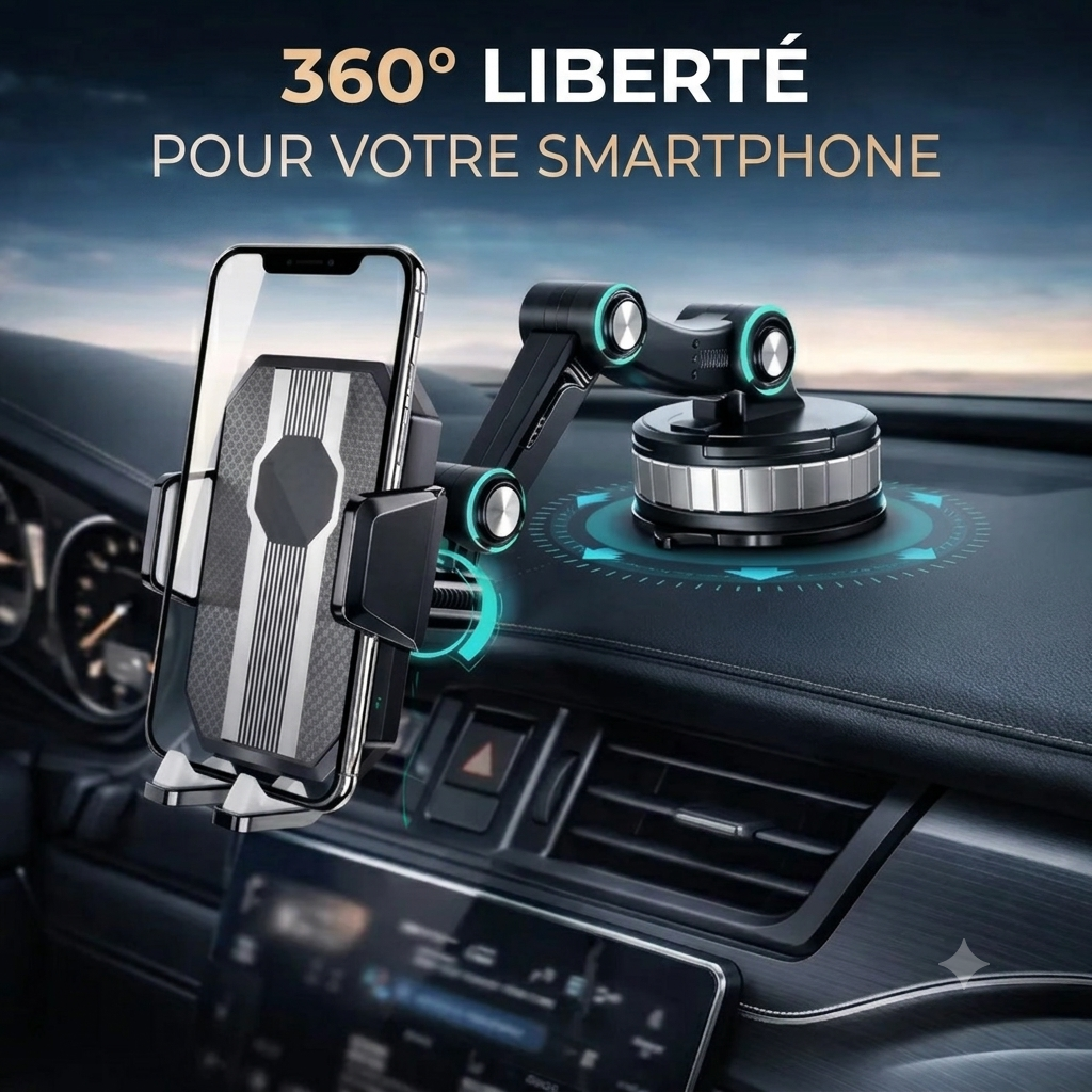 MontaGo Pro — Support Téléphone Voiture Rotatif 360° & Fixation Ventouse