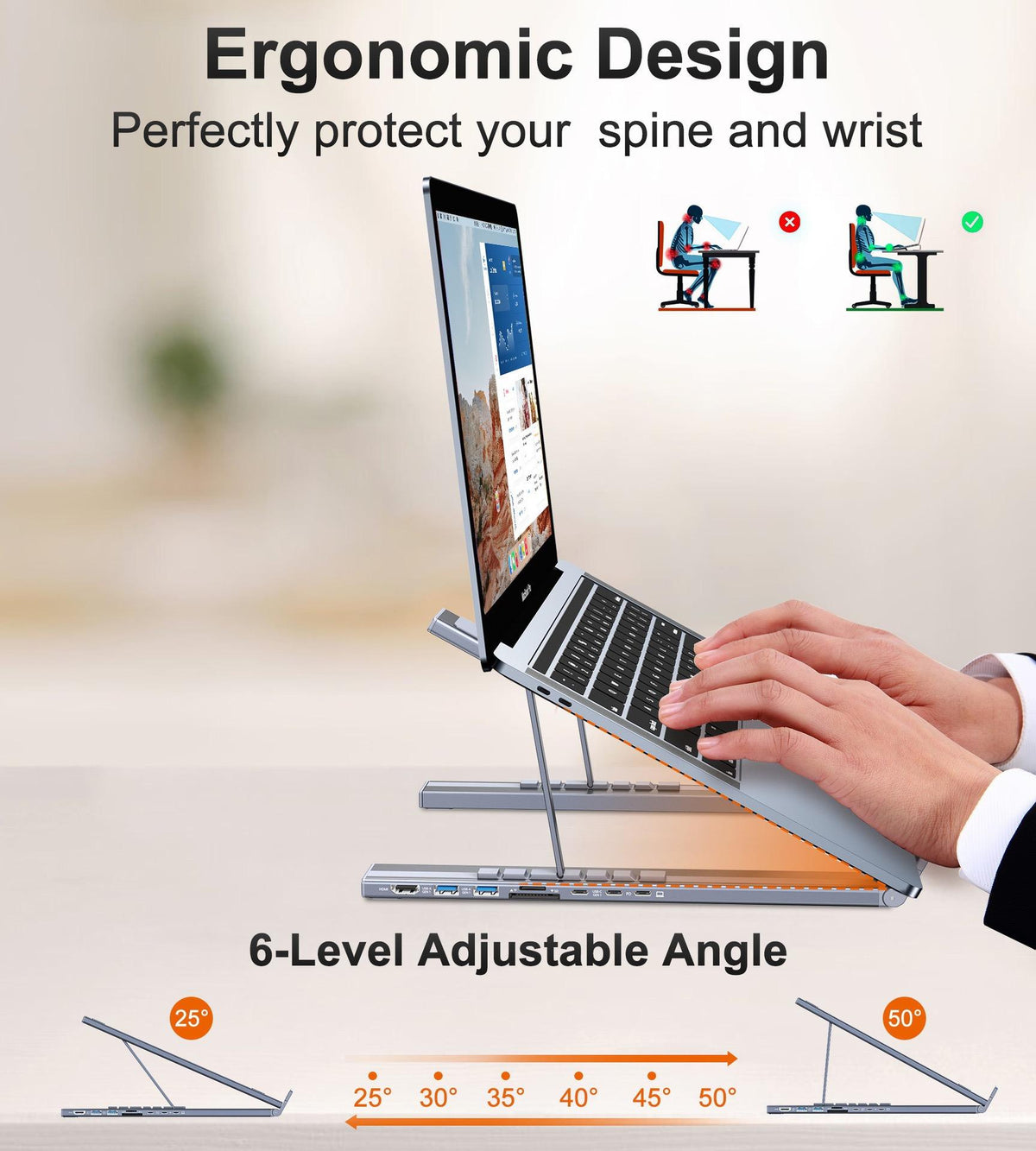PortaDesk — Support Laptop Pliable en Aluminium avec Hub Multi-Port | Ergonomique | Veromora