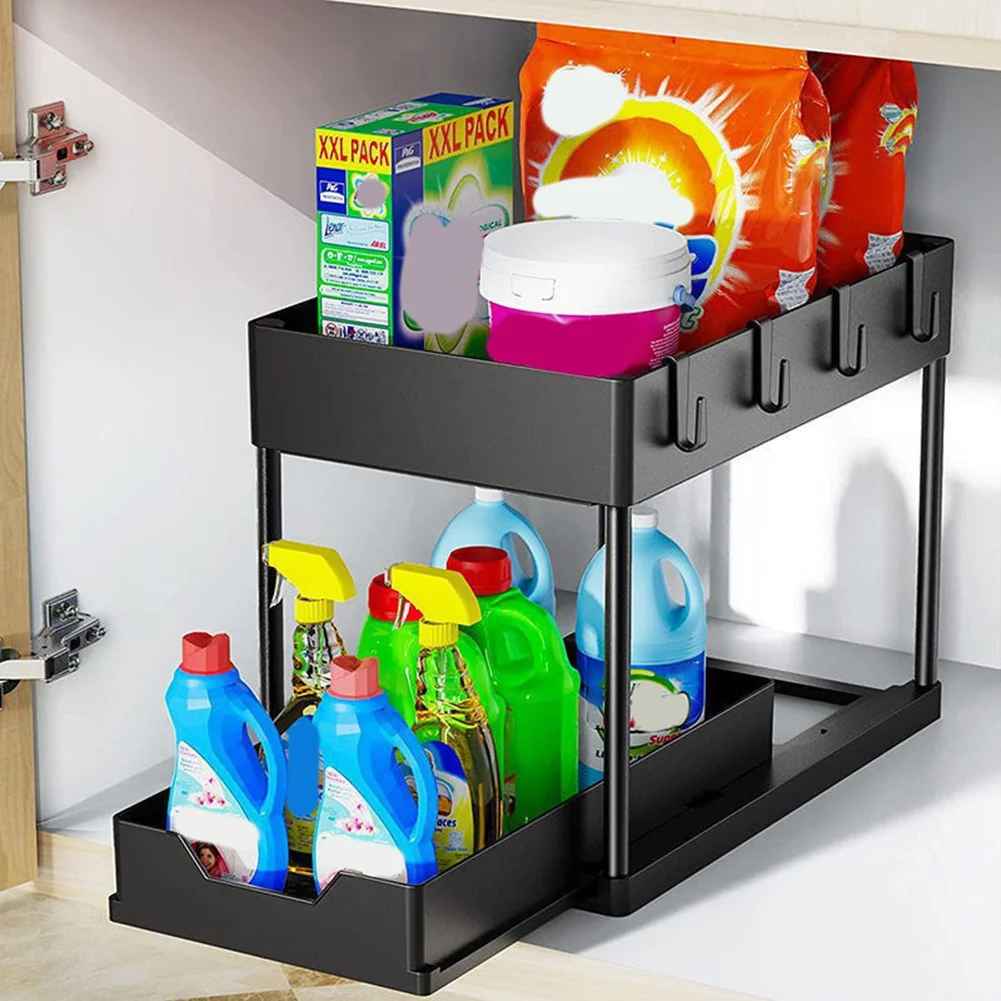 GlisOrga — Organisateur Coulissant 2 Niveaux pour Sous-Évier | Plastique Imperméable | Noir | Veromora