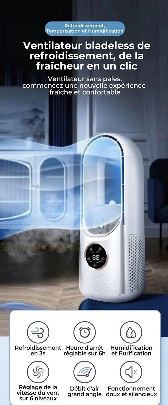 FraîchAir – Refroidisseur d'air sans lames 3-en-1 | USB | 6 vitesses & humidificateur