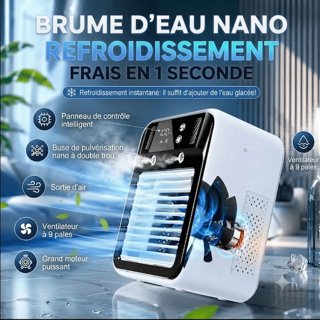 BriseLux – Ventilateur brumisateur portable | Réservoir 500 ml | USB-C | 3 modes
