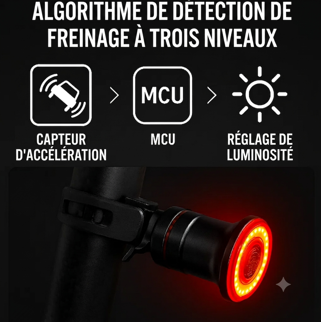 VéloLux – Feu arrière & stop vélo intelligent | 6 modes LED | Batterie intégrée