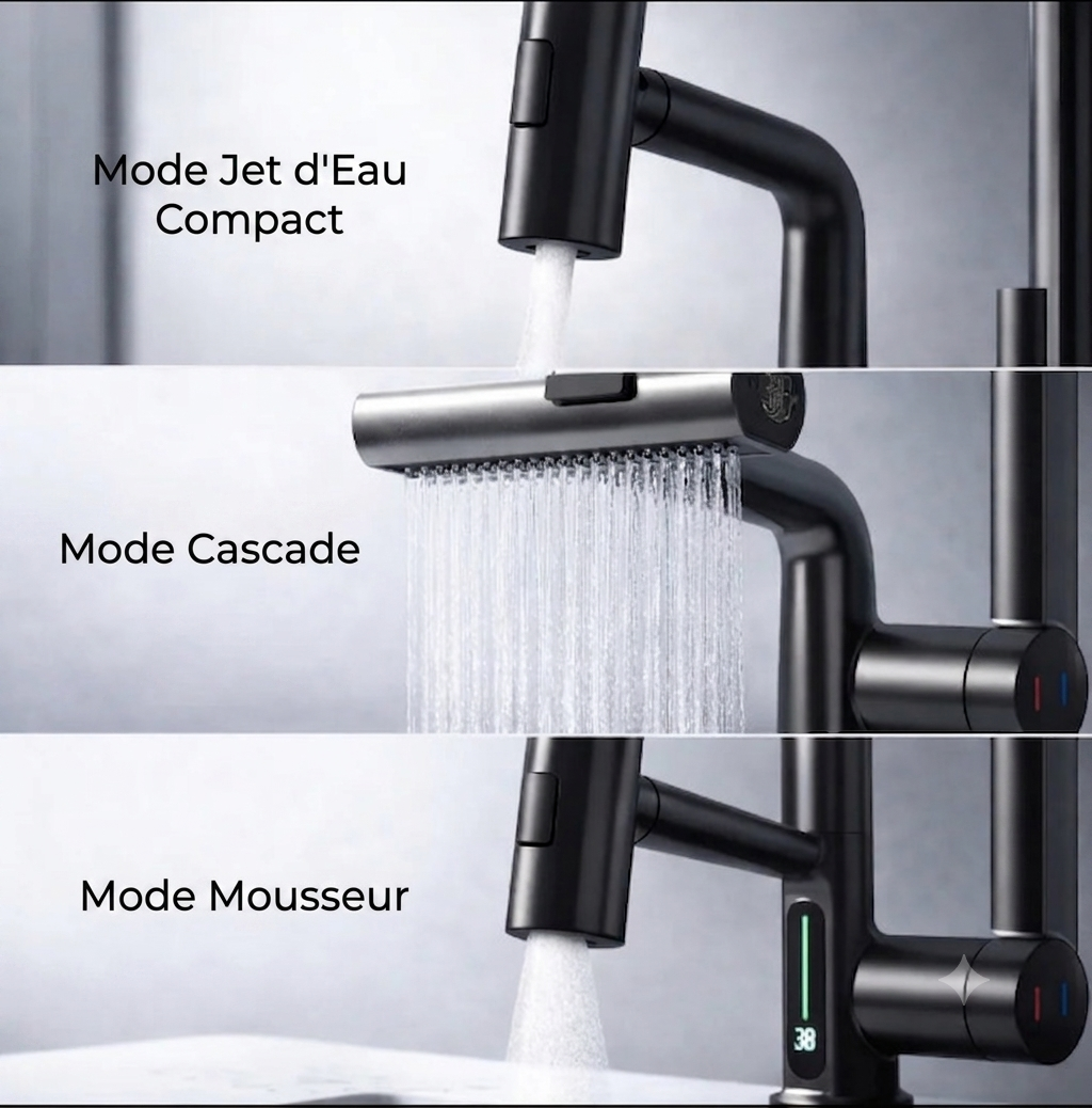 FlexiGrue – Robinet de cuisine extensible | 5 modes de jet | 4 finitions