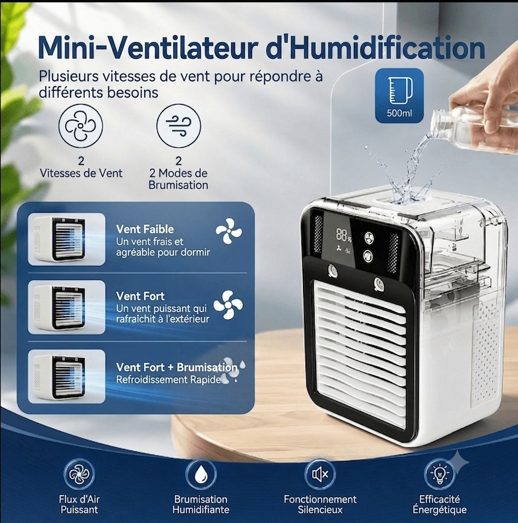 BriseLux – Ventilateur brumisateur portable | Réservoir 500 ml | USB-C | 3 modes