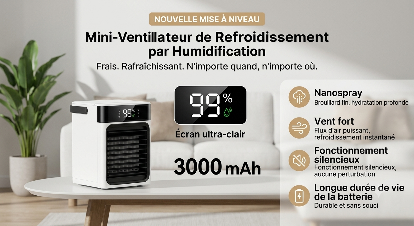 BriseLux – Ventilateur brumisateur portable | Réservoir 500 ml | USB-C | 3 modes