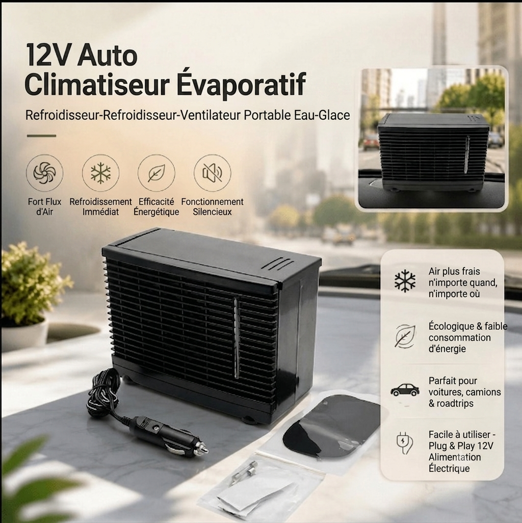 AutoFraîch – Refroidisseur d'air voiture 12V | Filtre lavable | Branchement allume-cigare