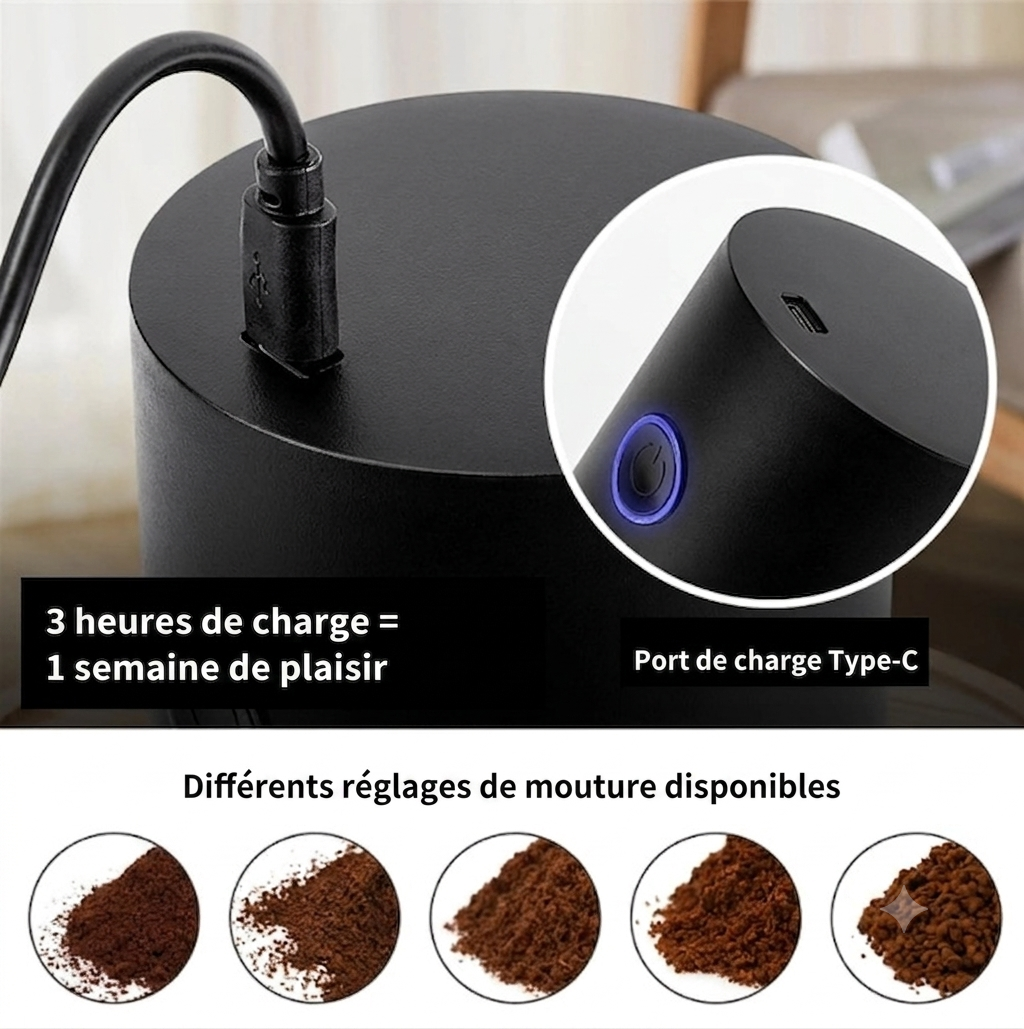 MoulinGo – Moulin à café électrique rechargeable USB | Mouture réglable | Compact & portable