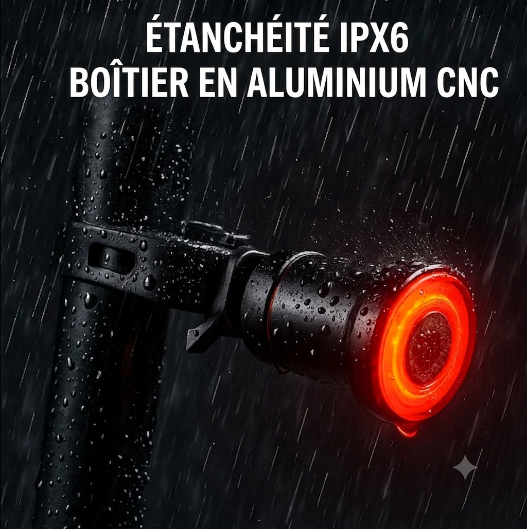 VéloLux – Feu arrière & stop vélo intelligent | 6 modes LED | Batterie intégrée