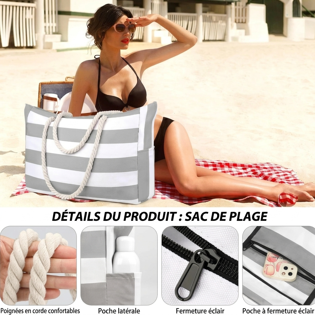Rivago – Sac de plage rayé en canvas avec fermeture éclair