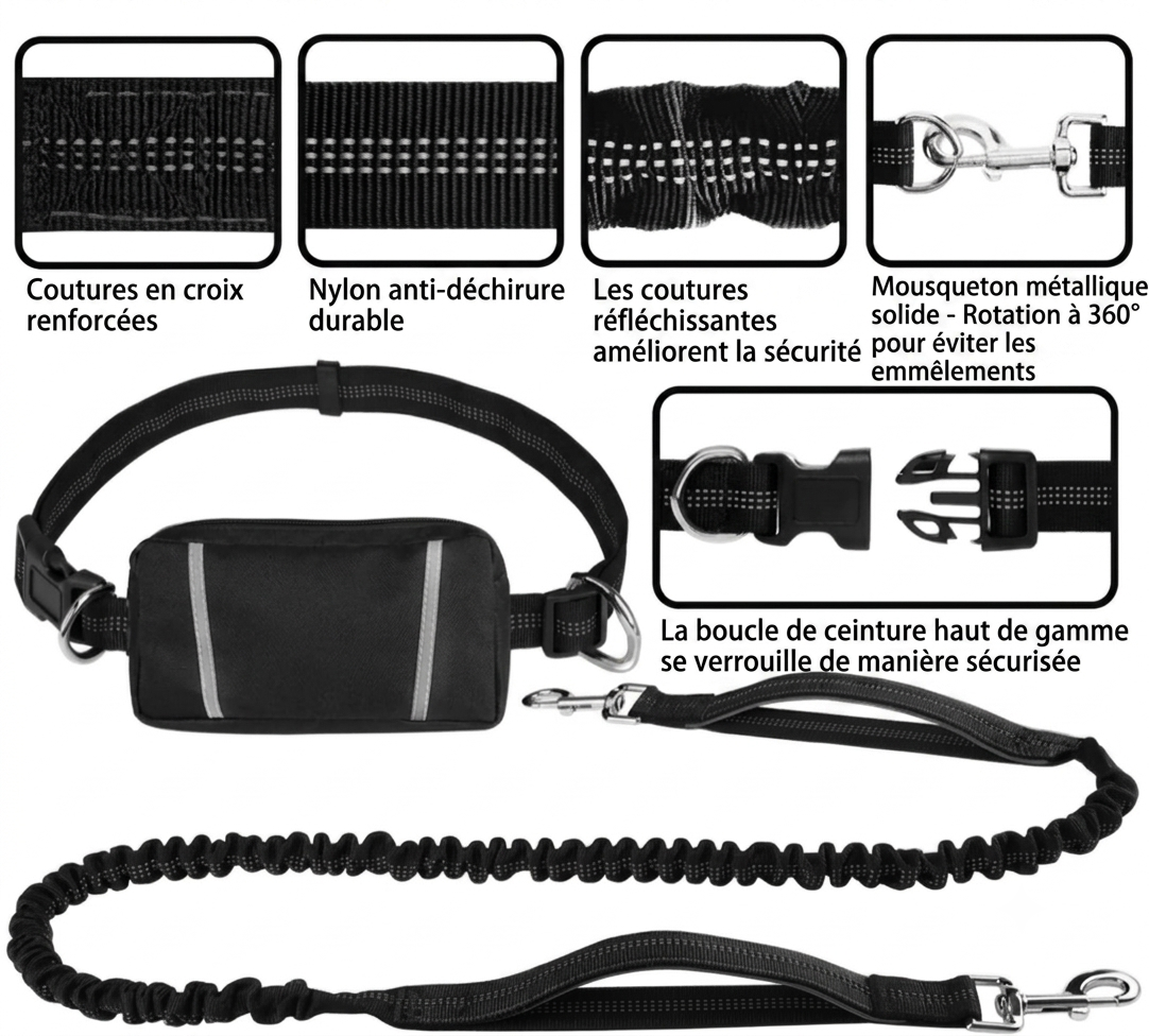 LibreTrail – Laisse mains libres pour chien | Ceinture réglable & amortisseur bungee