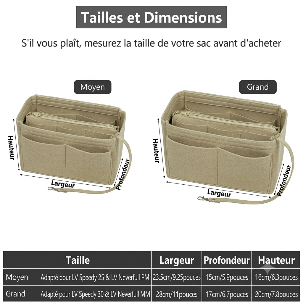 Ordina – Organisateur de sac en feutre avec fermeture éclair | 15 compartiments | M & L