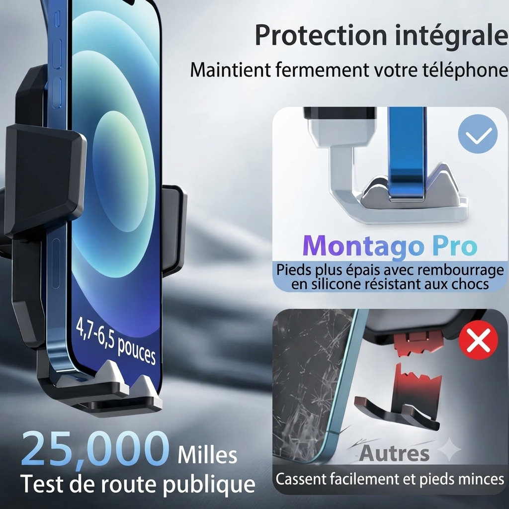 MontaGo Pro — Support Téléphone Voiture Rotatif 360° & Fixation Ventouse