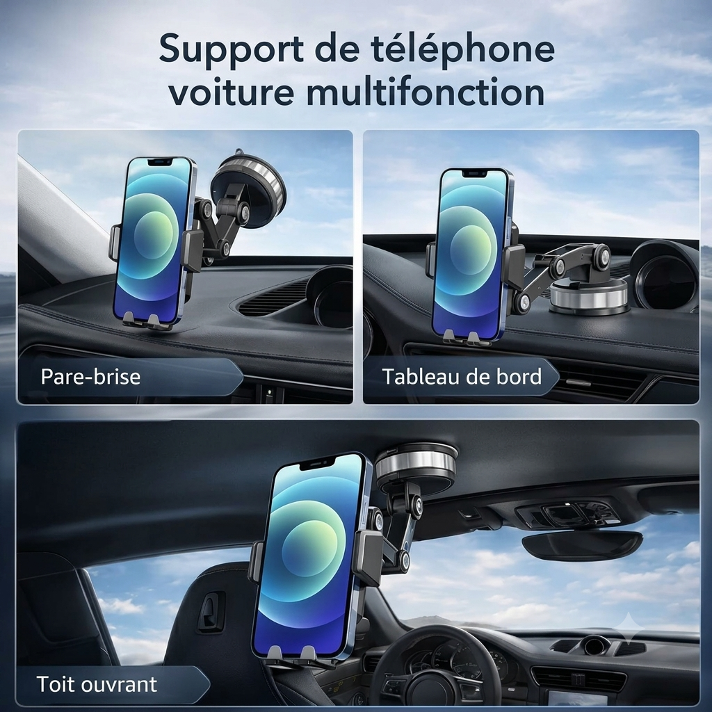 MontaGo Pro — Support Téléphone Voiture Rotatif 360° & Fixation Ventouse