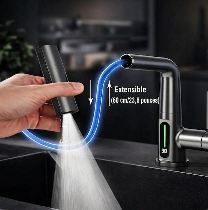 FlexiGrue – Robinet de cuisine extensible | 5 modes de jet | 4 finitions