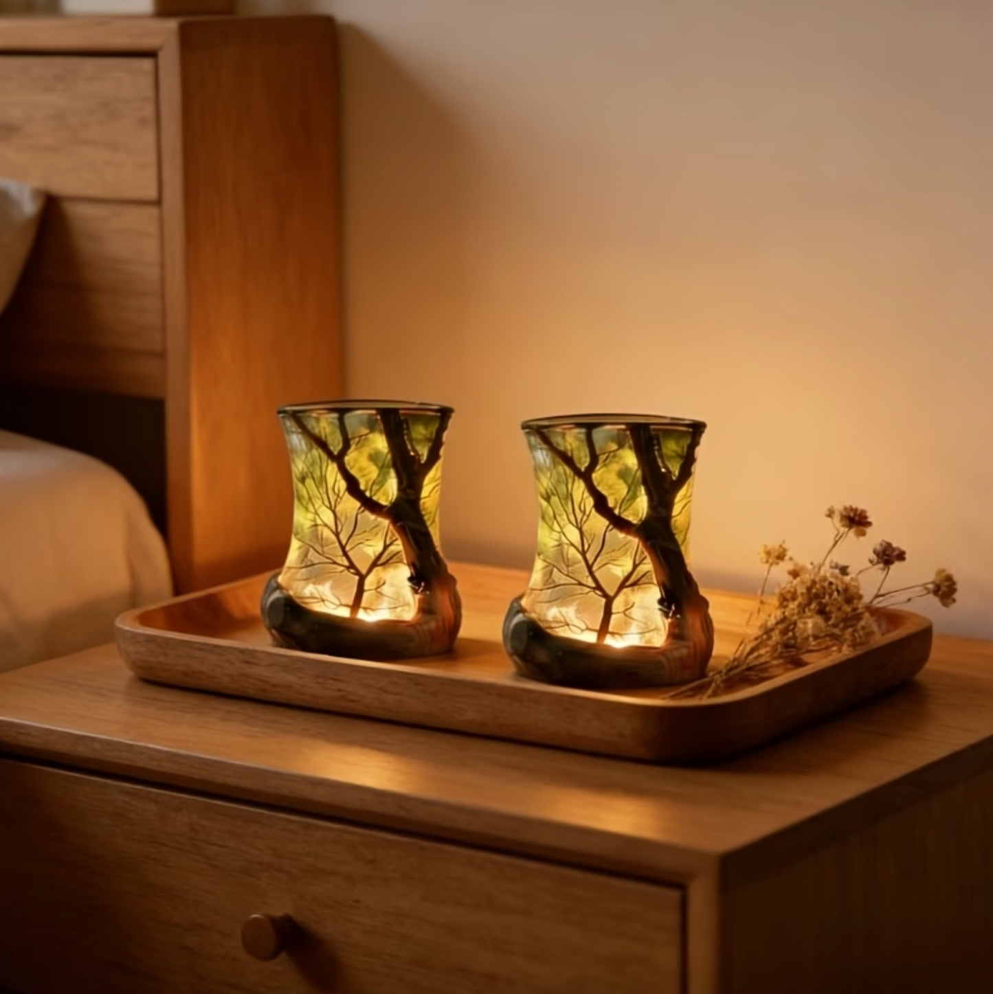 OmbraForest — Lampe d’Ambiance LED Projection d’Arbre | Lumière Bougie Chaude | Sans Fil | Veromora