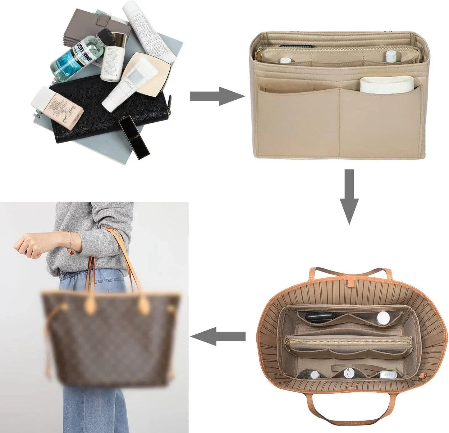 Ordina – Organisateur de sac en feutre avec fermeture éclair | 15 compartiments | M & L