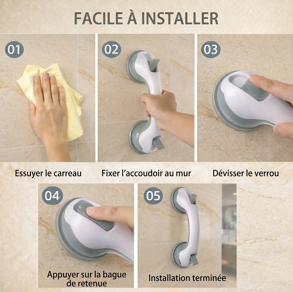 SecuriBain — La Poignée de Sécurité Sans Perçage pour Douche et Baignoire