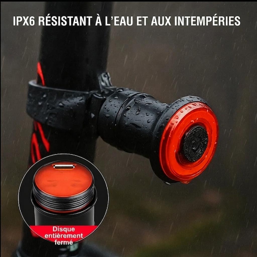 VéloLux – Feu arrière & stop vélo intelligent | 6 modes LED | Batterie intégrée