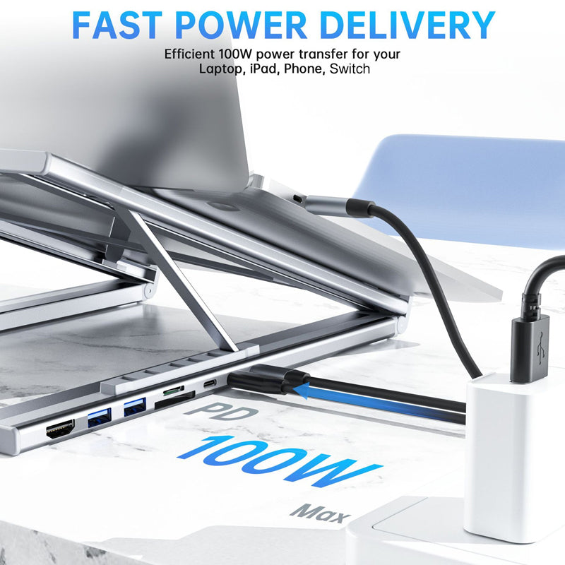 PortaDesk — Support Laptop Pliable en Aluminium avec Hub Multi-Port | Ergonomique | Veromora