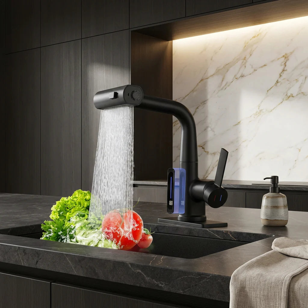 FlexiGrue – Robinet de cuisine extensible | 5 modes de jet | 4 finitions